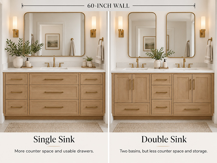 Side-by-side comparison of a 60-inch bathroom vanity with one sink and more drawer storage versus two sinks with less counter and storage space.
