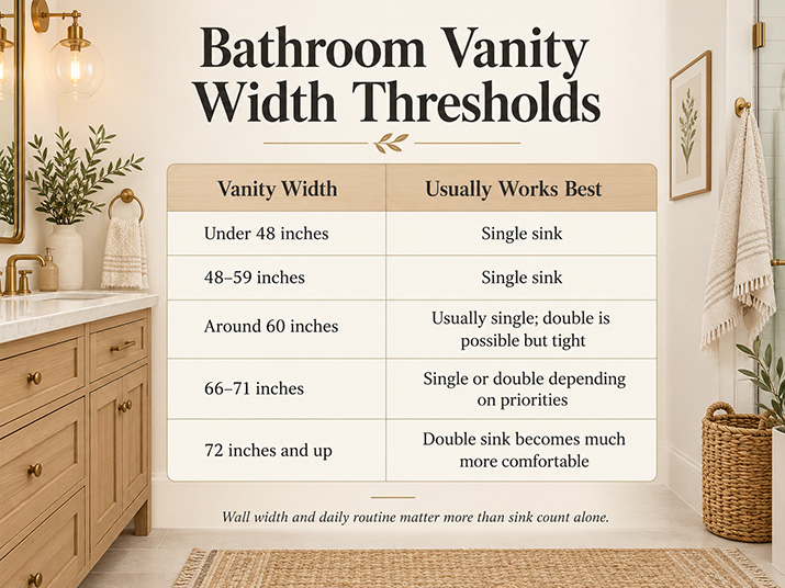 Bathroom vanity width guide showing when a single sink or double sink usually works best from under 48 inches to 72 inches and up.