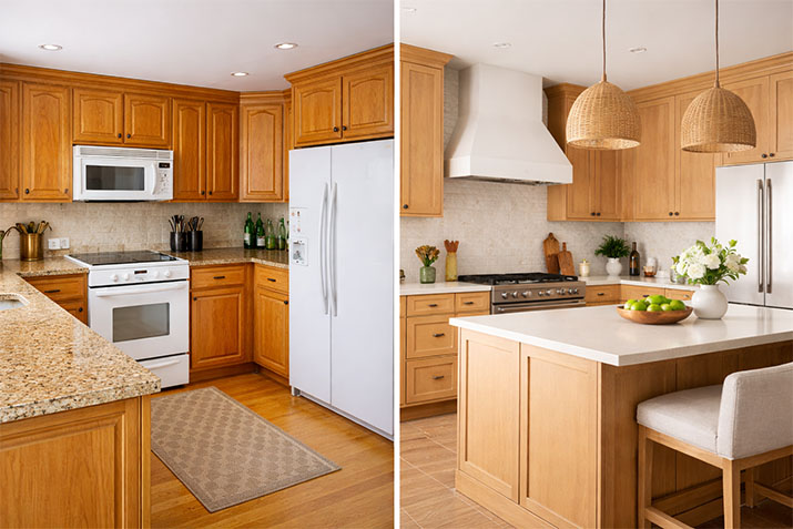 Comparison of 1990s honey oak kitchen cabinets versus modern 2026 oak kitchen cabinets showing the evolution of wood cabinet design.
