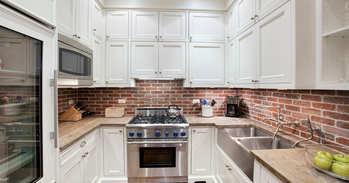 Kitchen Red Brick Backsplash And Wall Grey Cabinets Brick