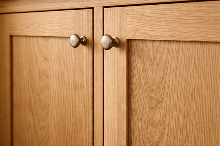 Oak kitchen cabinet door detail showing natural grain texture in a modern 2026 kitchen