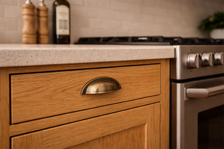 Close-up of wood kitchen cabinet door near range showing natural grain finish in a well-used family kitchen.