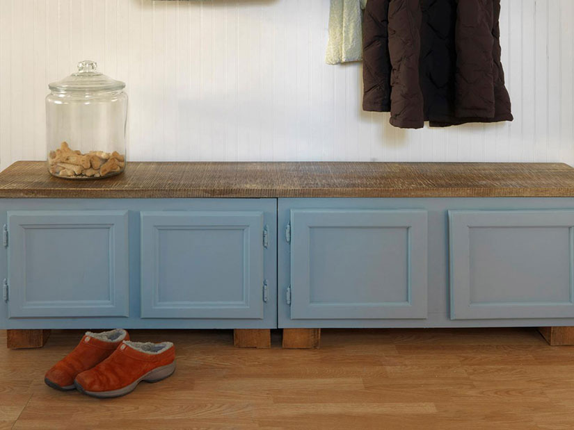 Mudroom with bench made from RTA cabinets.