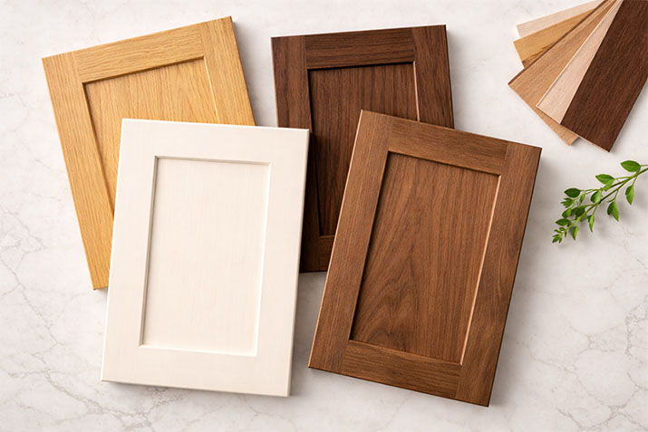 Kitchen cabinet door samples showing white oak, maple, and walnut wood species side by side for 2026 kitchen remodel comparison.