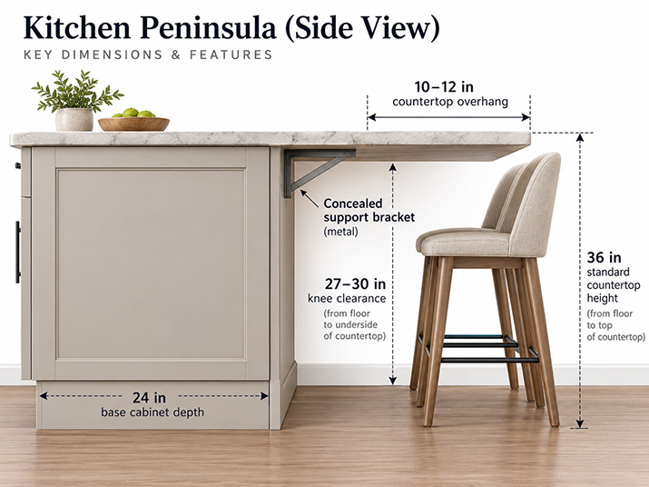 Side-view diagram of a kitchen peninsula showing 24-inch base cabinets, countertop overhang, knee clearance, and a metal support bracket beneath the countertop.