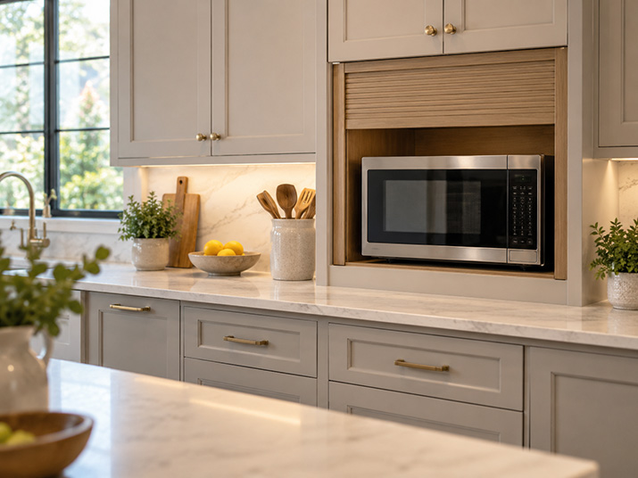 Microwave installed in a countertop-height appliance garage with a roll-up cabinet door in a modern kitchen.
