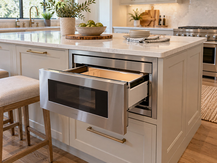 Open microwave drawer installed below the countertop in a modern kitchen island.