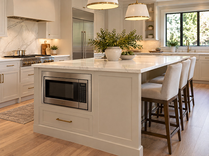 Microwave installed below the countertop in the end of a kitchen island with nearby seating and landing space.