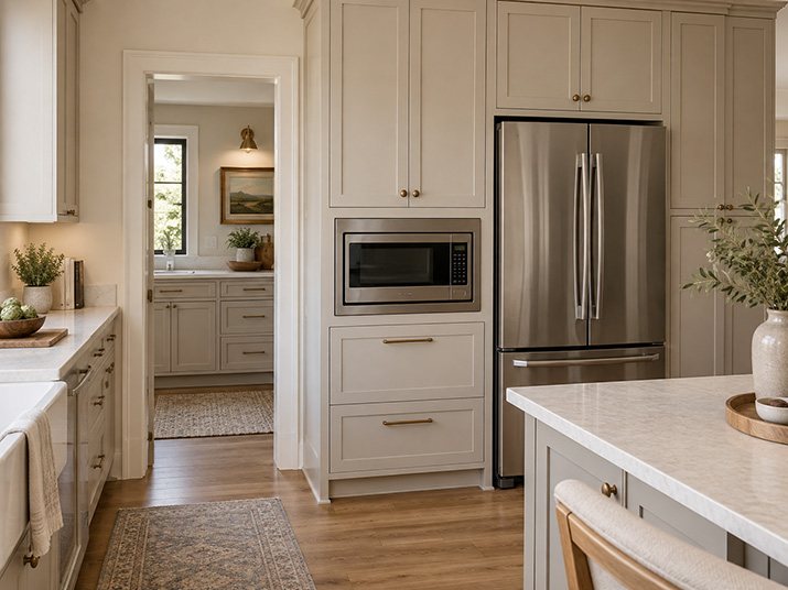 Microwave installed at mid-height in a tall pantry cabinet beside a refrigerator, with storage above and drawers below.