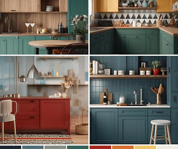A kitchen moodboard showing a variety of colors and styles for a kitchen.