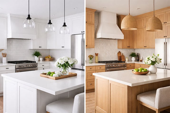Side-by-side comparison of white shaker kitchen cabinets versus white oak wood kitchen cabinets in a modern 2026 kitchen remodel.