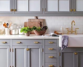 Slate Gray Cabinets with Brass Handles