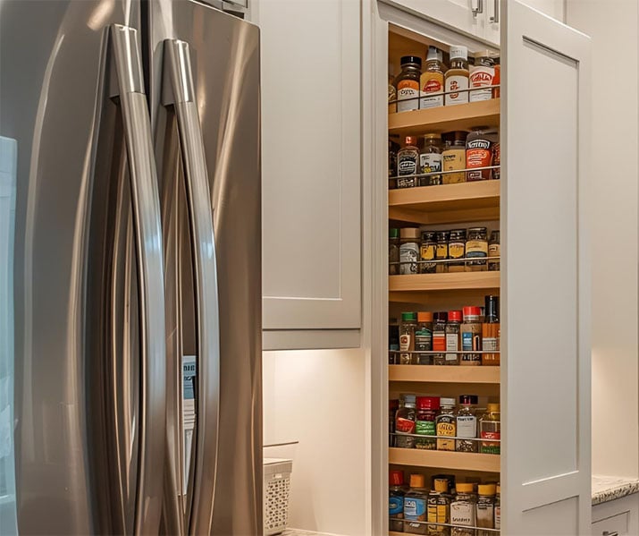 Pull out spice rack in a kitchen.
