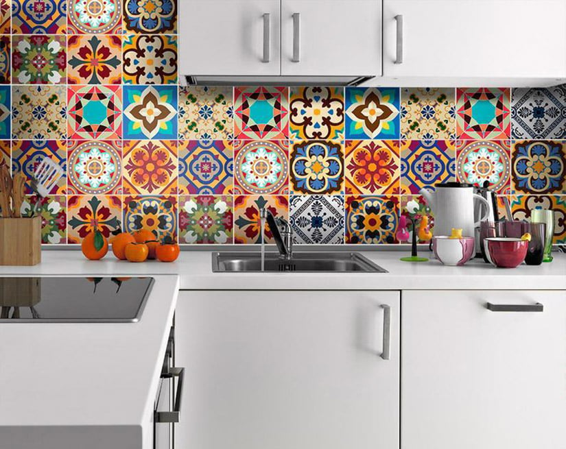 Colourful Mexican tiles kitchen flooring