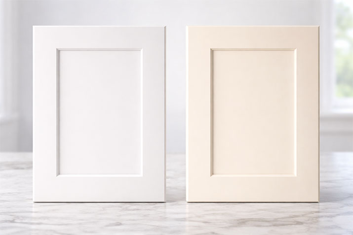 Kitchen cabinet color comparison showing stark white versus warm cream cabinet finish in natural light.