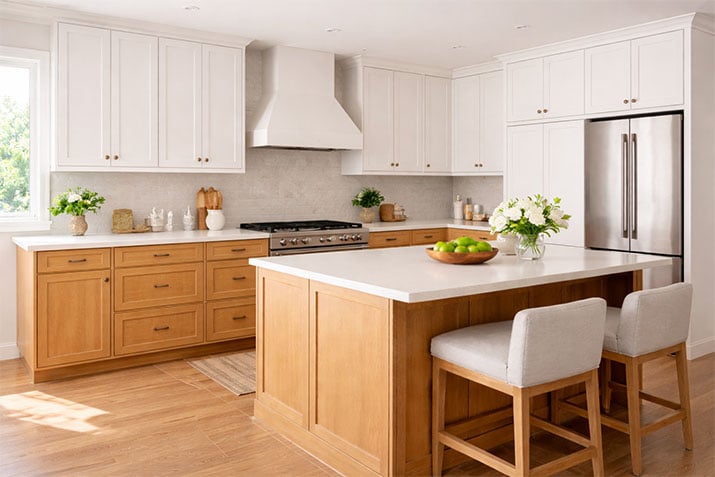 Two-tone kitchen with white upper cabinets and oak lower cabinets showing popular 2026 kitchen cabinet combination.