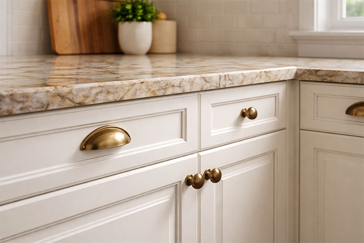 Warm cream kitchen cabinets with brushed brass hardware and natural stone countertop in a 2026 kitchen remodel.
