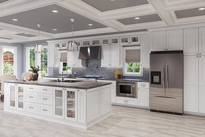 Shaker Arctic kitchen cabinets in a finished kitchen