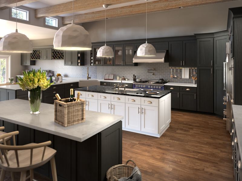 A customer's kitchen with Graystone Shaker cabinets and a white island