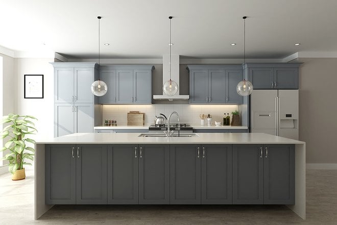 Storm Gray kitchen cabinets in a finished kitchen